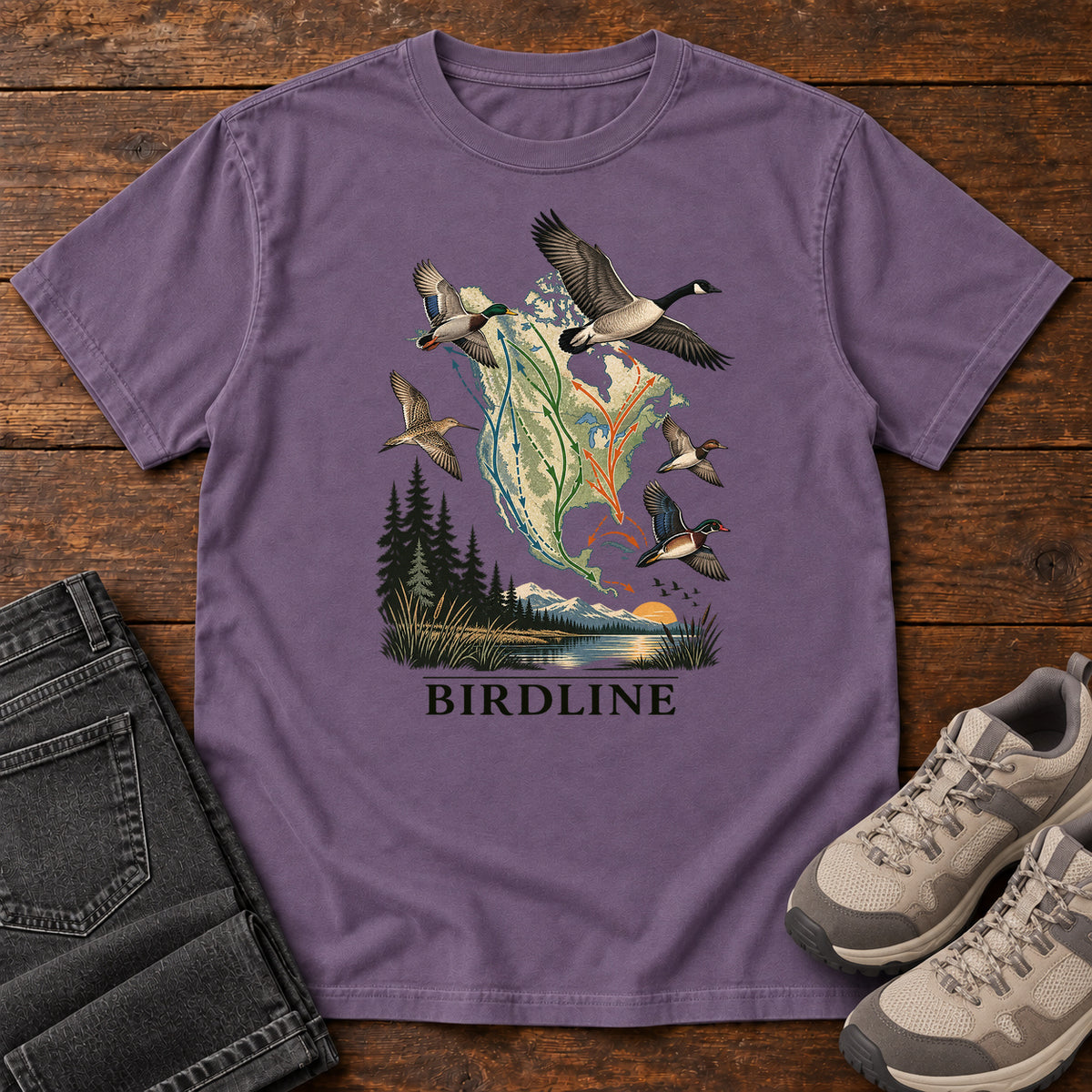 Bird Migration Map T-Shirt in Grape