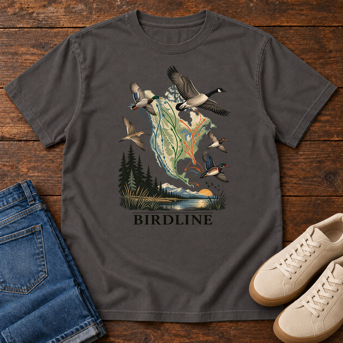 Bird Migration Map T-Shirt in Graphite