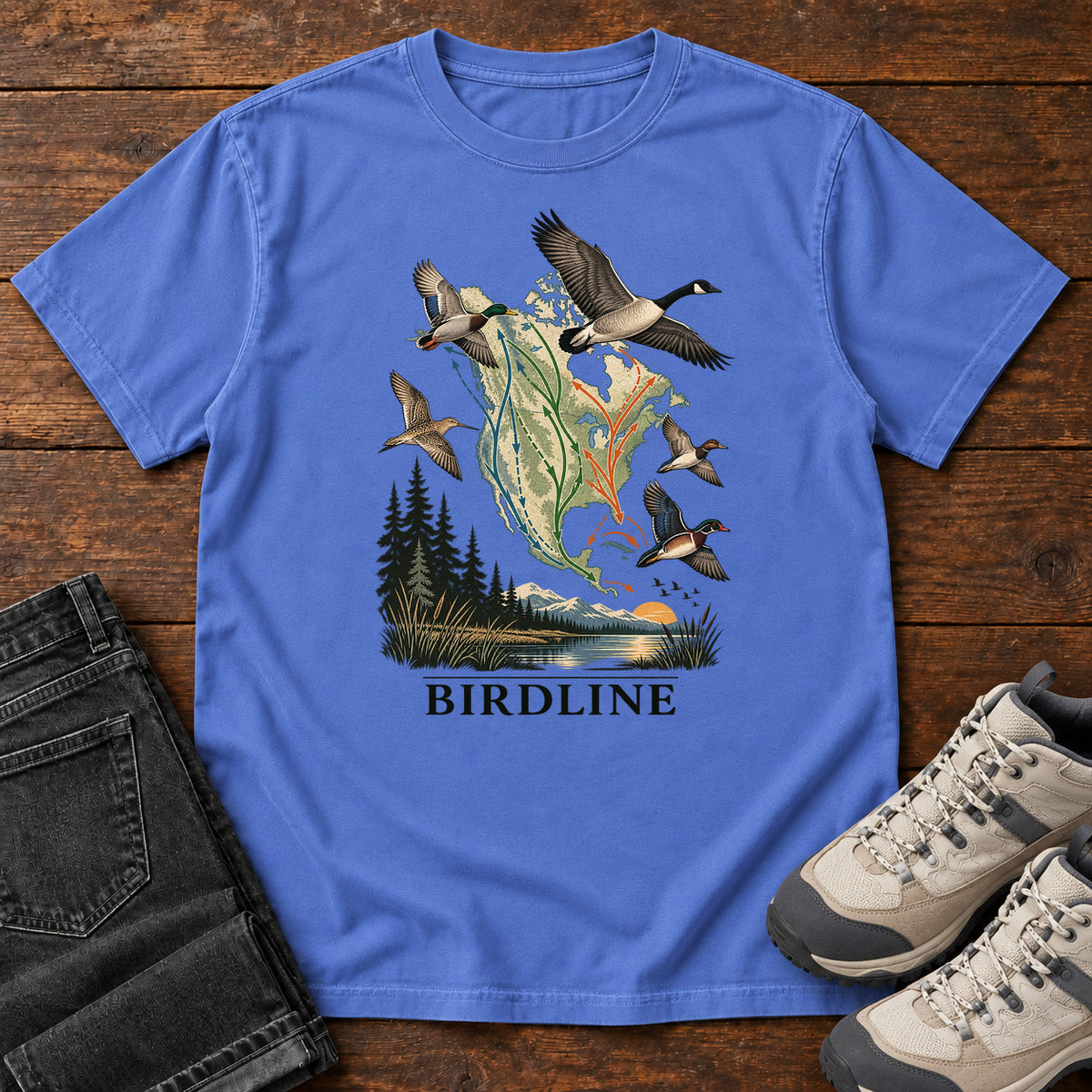 Bird Migration Map T-Shirt in Mystic Blue
