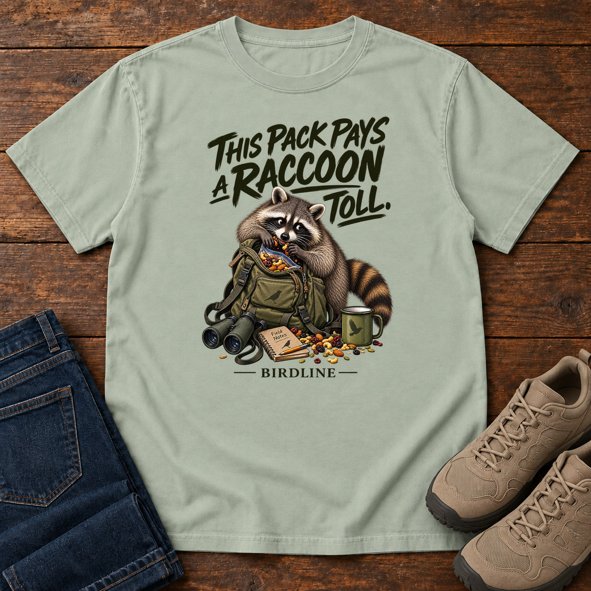 This Pack Pays a Raccoon Toll T-Shirt in Bay