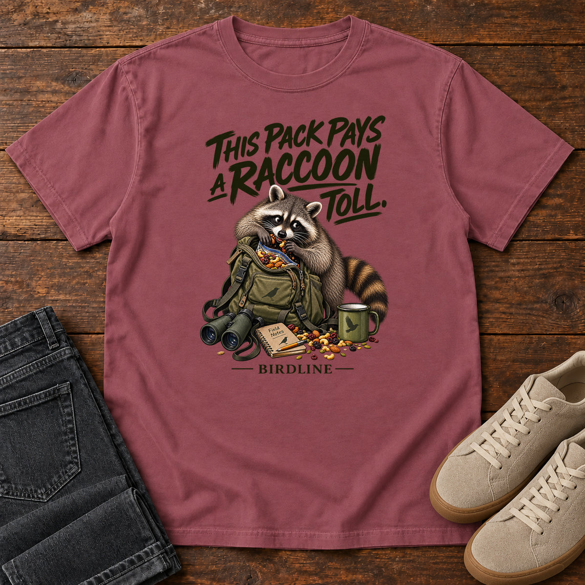 This Pack Pays a Raccoon Toll T-Shirt in Brick