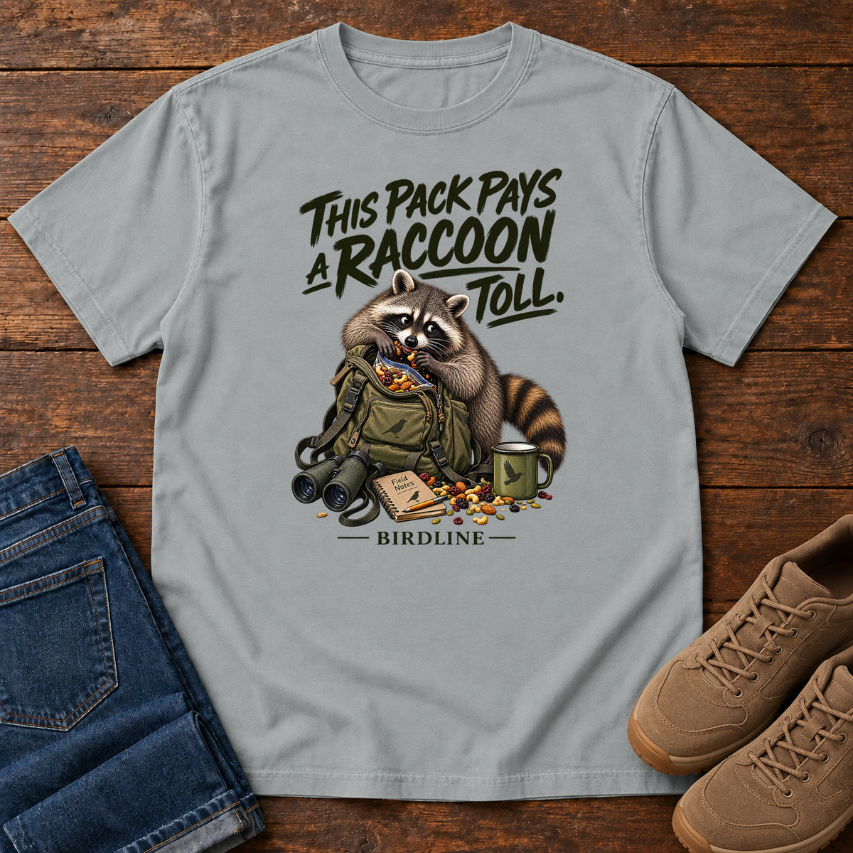 This Pack Pays a Raccoon Toll T-Shirt in Granite