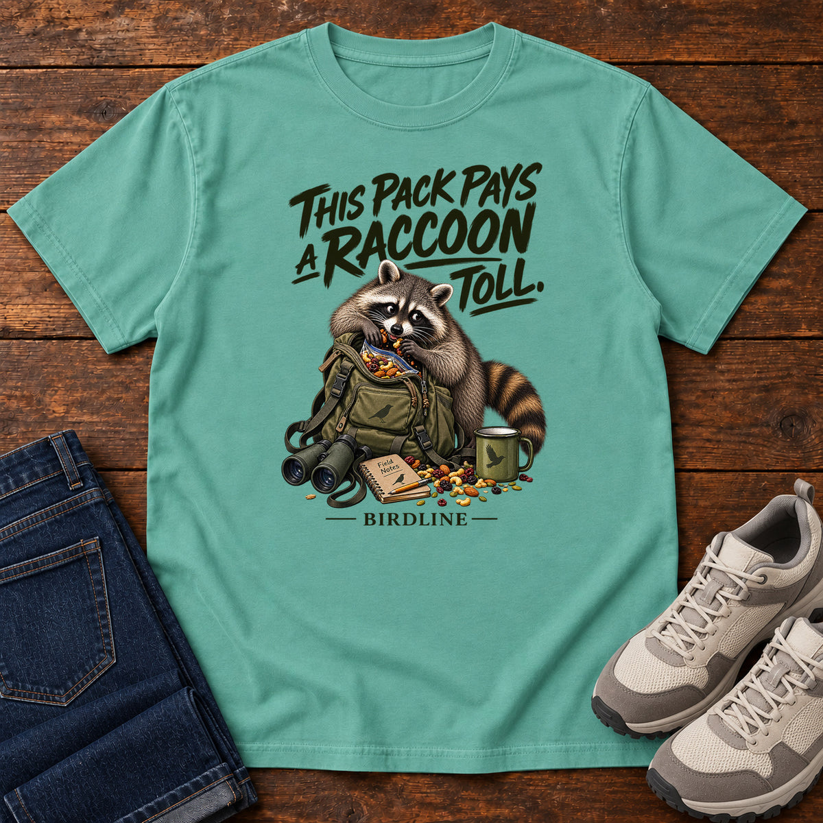 This Pack Pays a Raccoon Toll T-Shirt in Seafoam