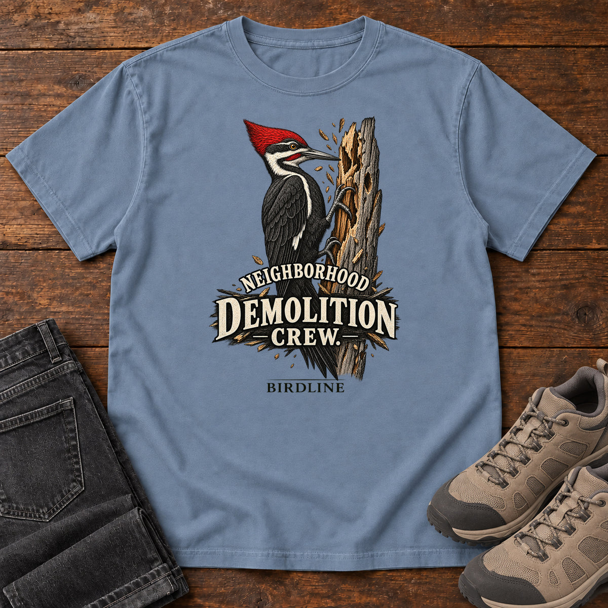 Neighborhood Demolition Crew Woodpecker T-Shirt in Blue Jean