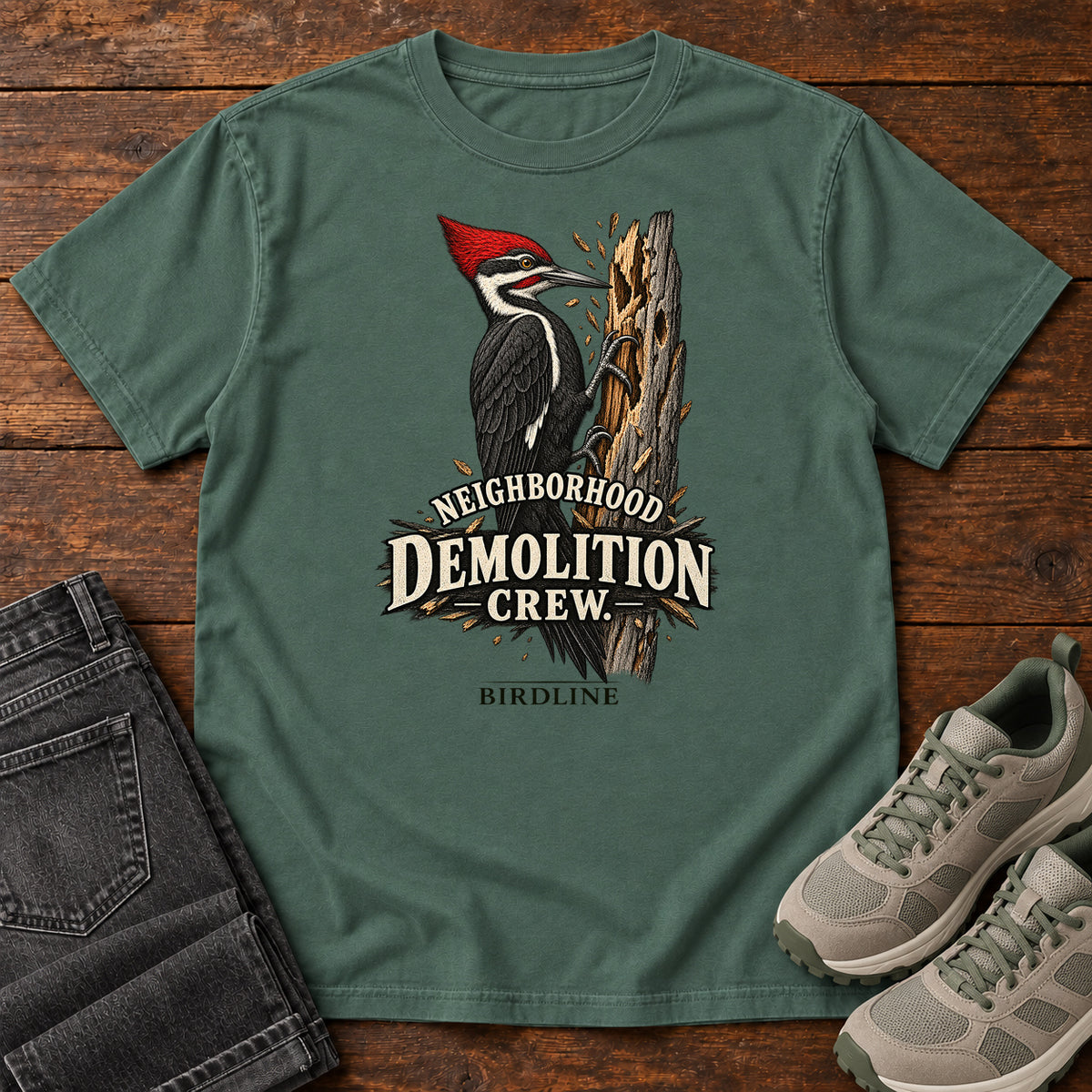 Neighborhood Demolition Crew Woodpecker T-Shirt in Blue Spruce