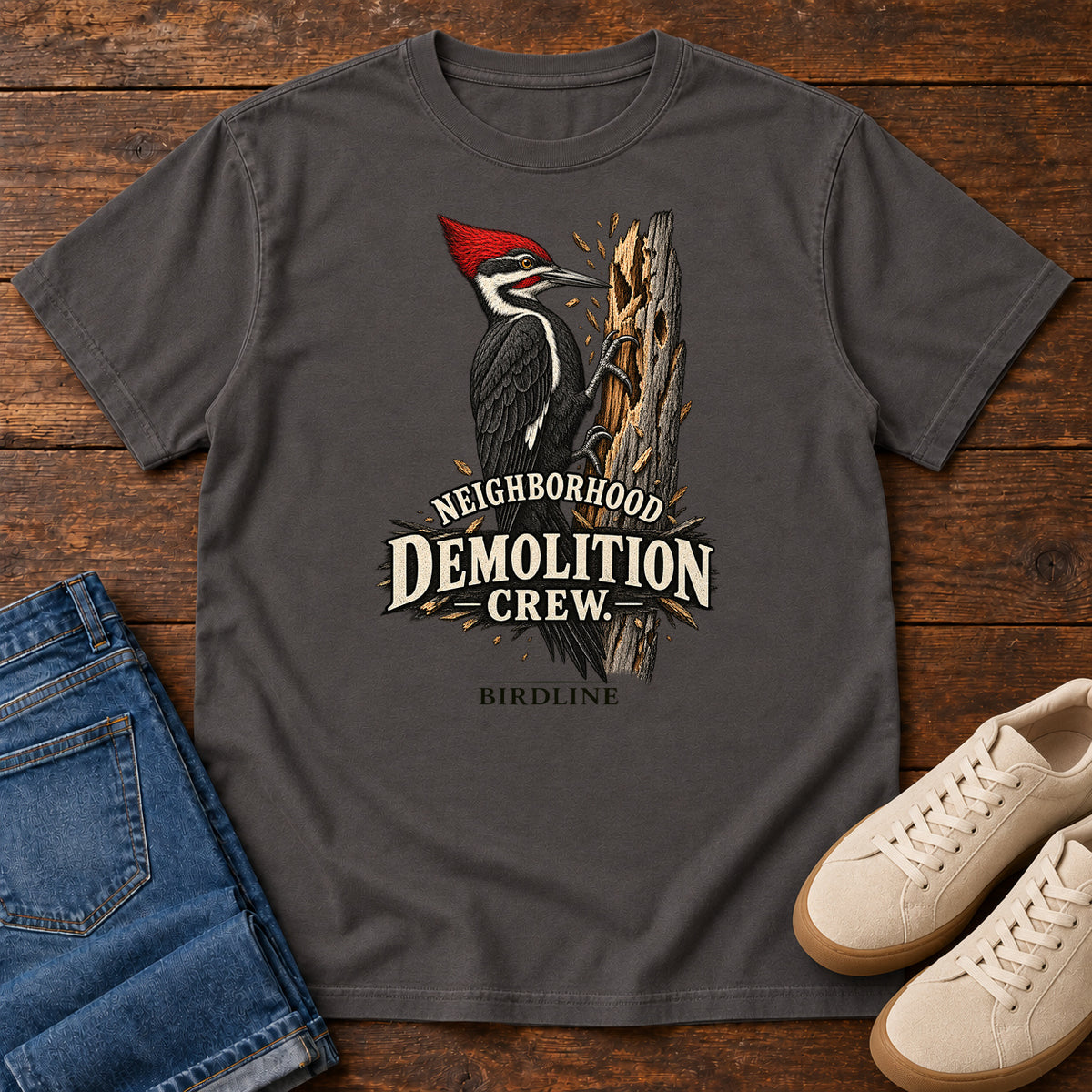 Neighborhood Demolition Crew Woodpecker T-Shirt in Graphite