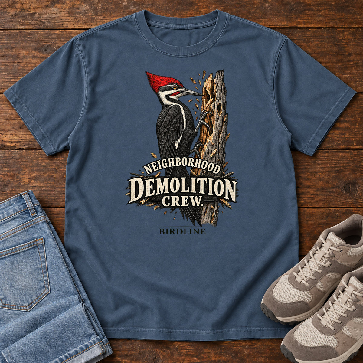 Neighborhood Demolition Crew Woodpecker T-Shirt in Midnight