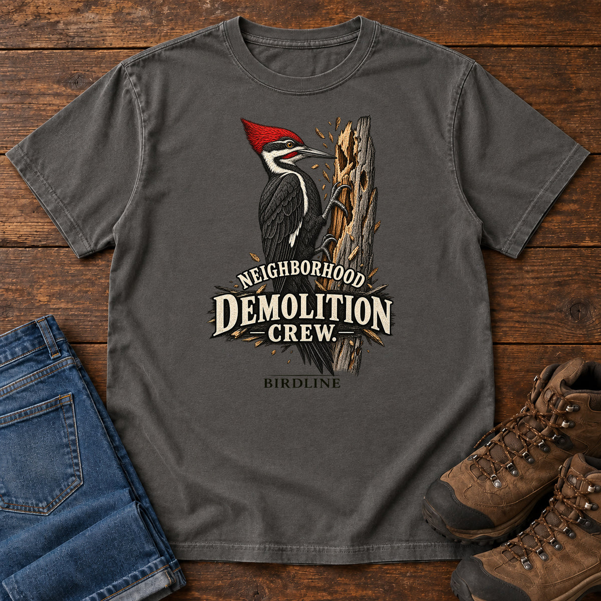 Neighborhood Demolition Crew Woodpecker T-Shirt in Pepper