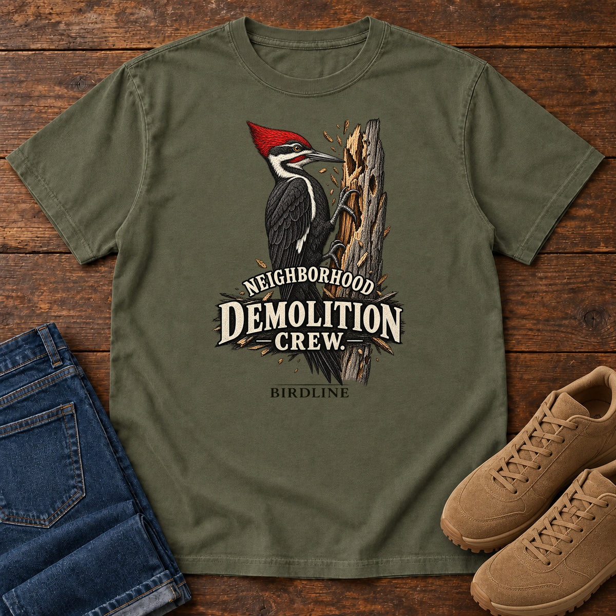Neighborhood Demolition Crew Woodpecker T-Shirt in Sage