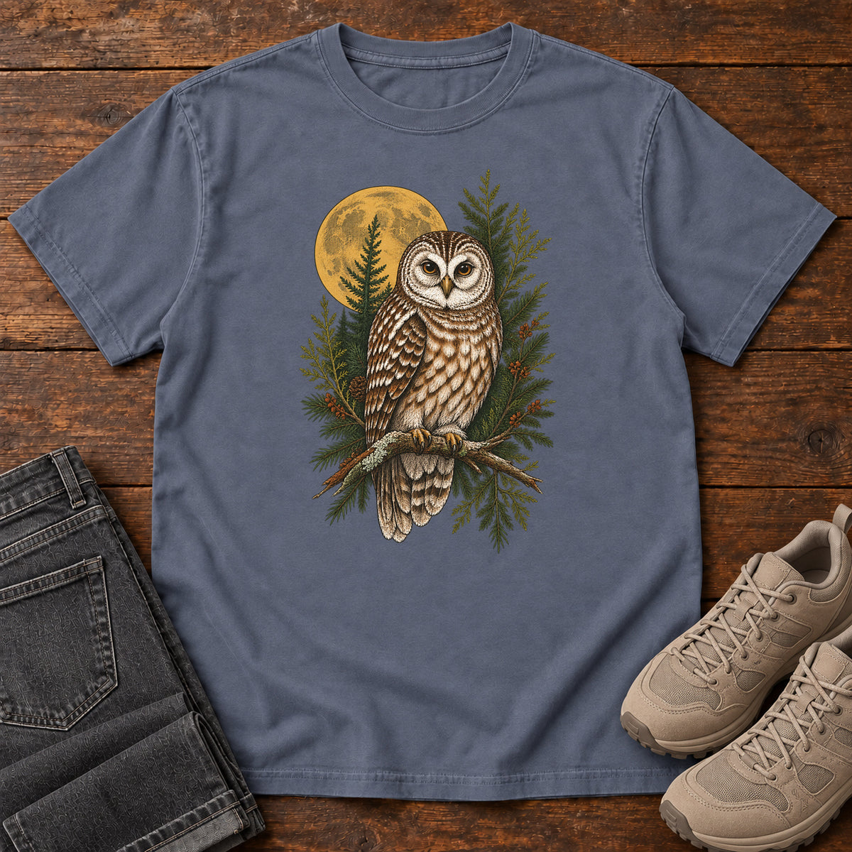 Woodland Owl Moon T-Shirt in Denim
