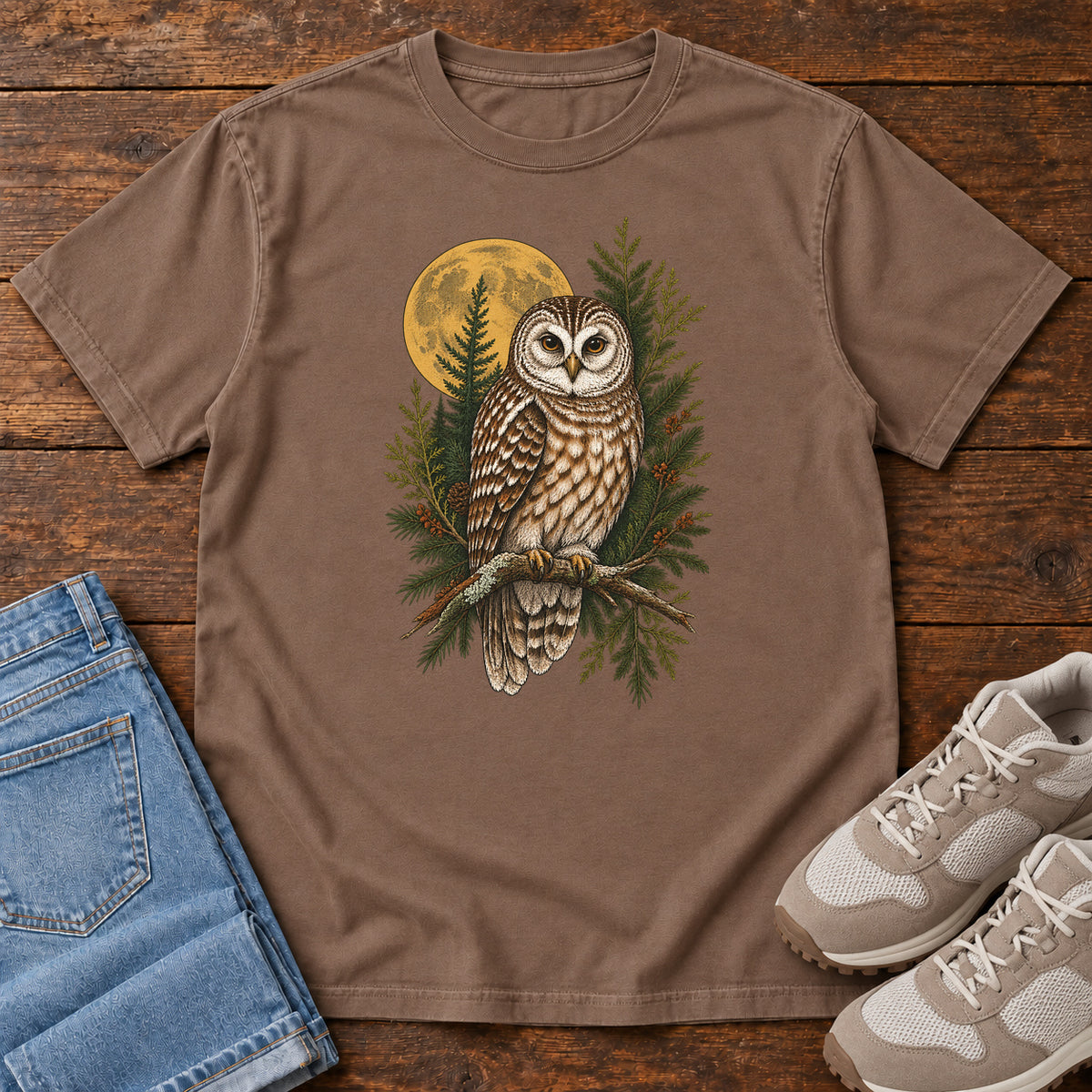 Woodland Owl Moon T-Shirt in Espresso