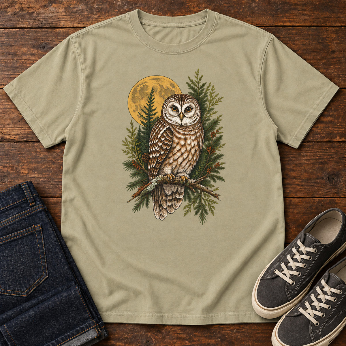 Woodland Owl Moon T-Shirt in Khaki
