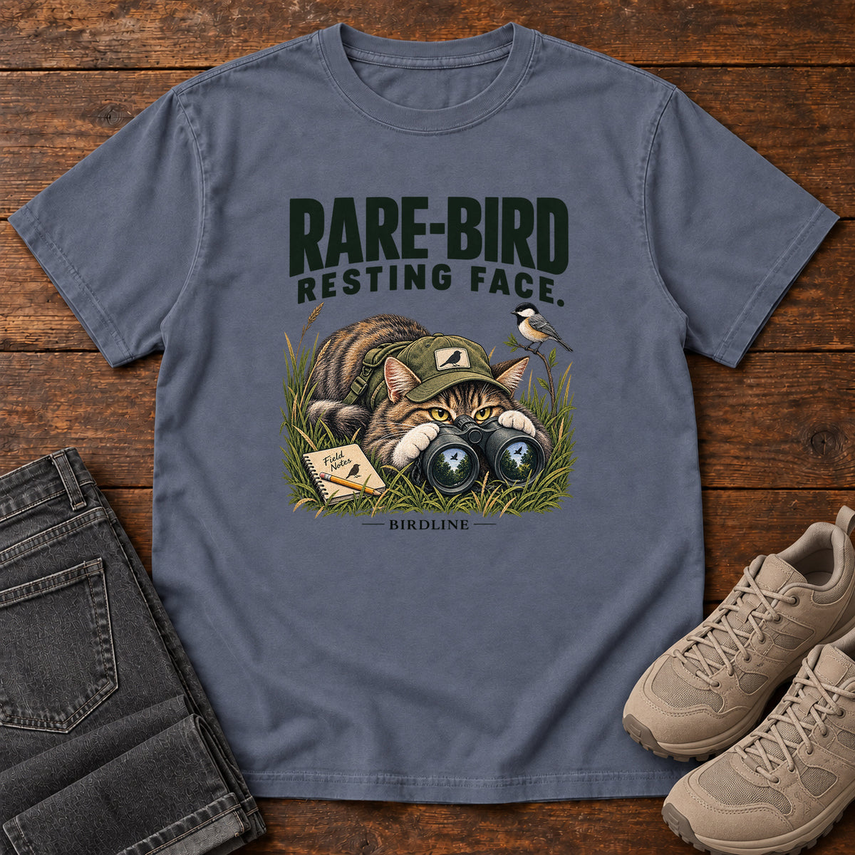 Rare Bird Resting Face Cat T-Shirt in Denim