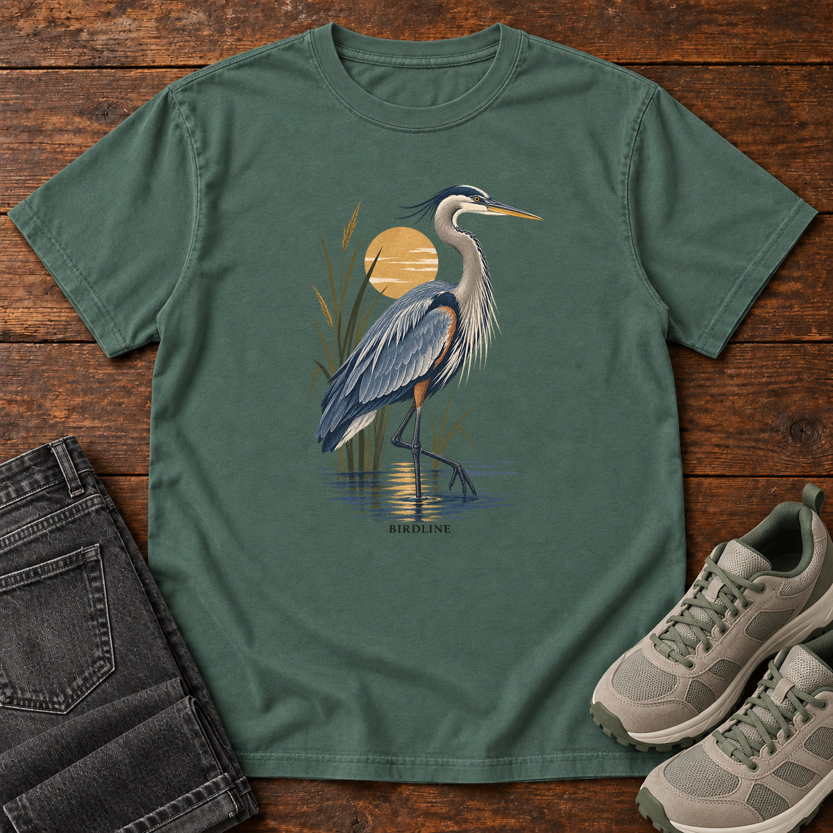 Great Blue Heron Sunrise T-Shirt in Blue Spruce
