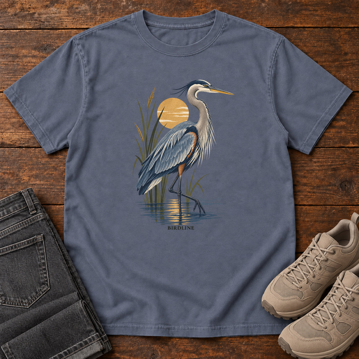 Great Blue Heron Sunrise T-Shirt in Denim