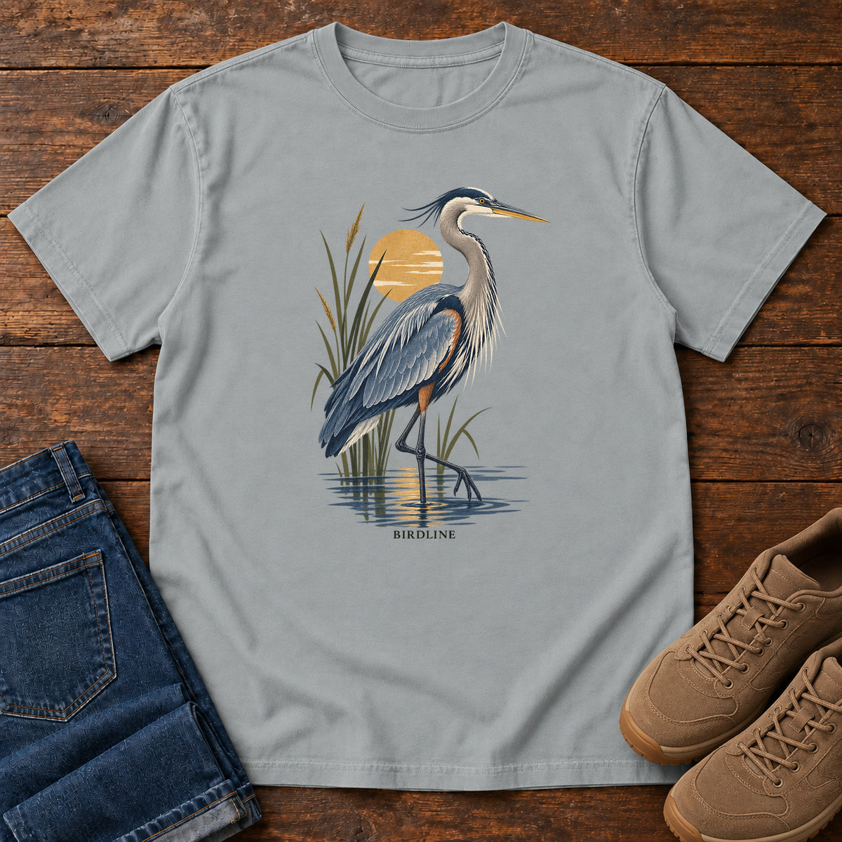 Great Blue Heron Sunrise T-Shirt in Granite