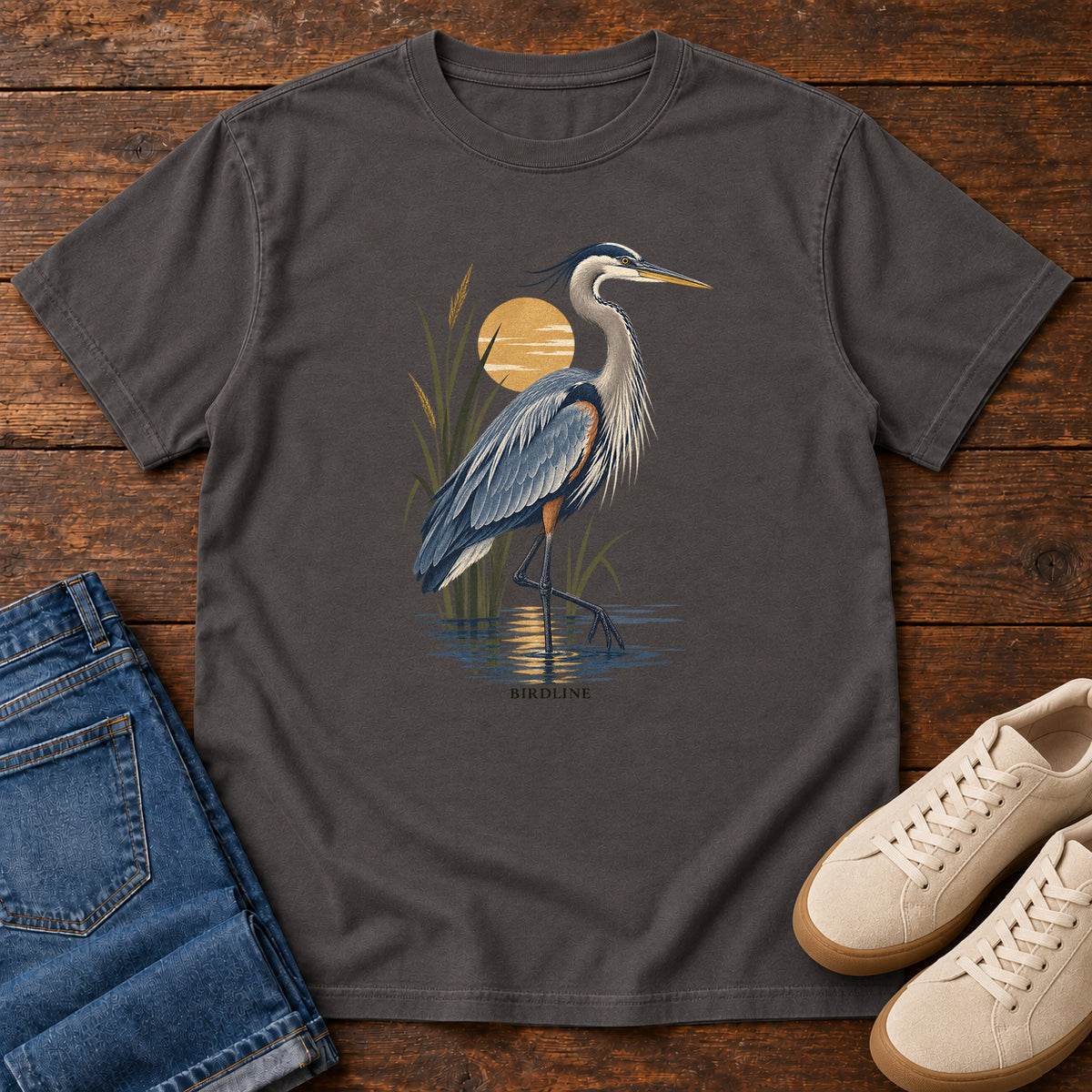 Great Blue Heron Sunrise T-Shirt in Graphite