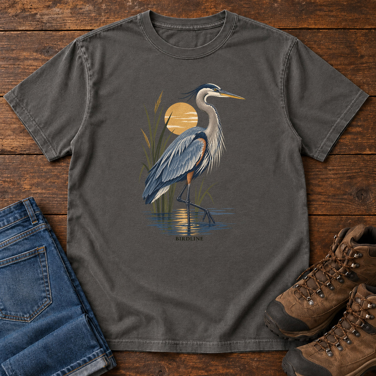 Great Blue Heron Sunrise T-Shirt in Pepper