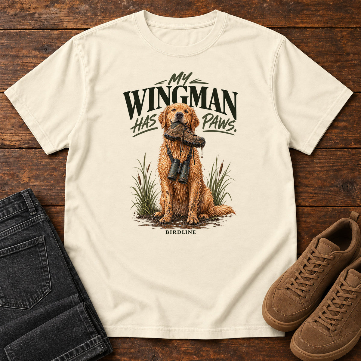 Ivory My Wingman Has Paws Retriever T-Shirt with a seated golden dog wearing binoculars beneath the slogan, front flat lay on wood.