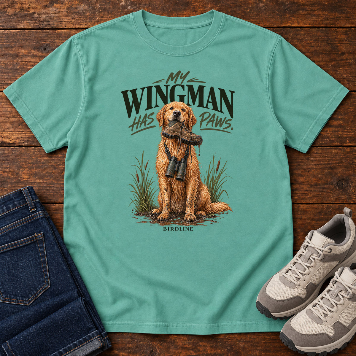 Seafoam My Wingman Has Paws Retriever T-Shirt with a seated golden dog wearing binoculars beneath the slogan, front flat lay on wood.