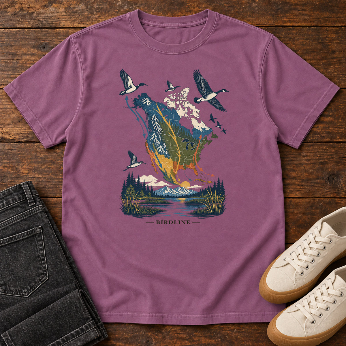 Bird Migration Map North America T-Shirt in Berry