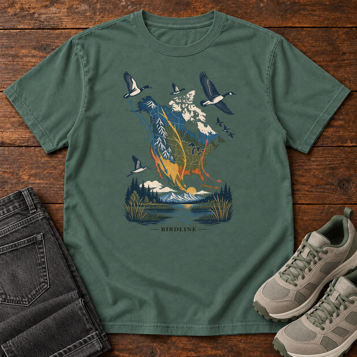 Bird Migration Map North America T-Shirt in Blue Spruce