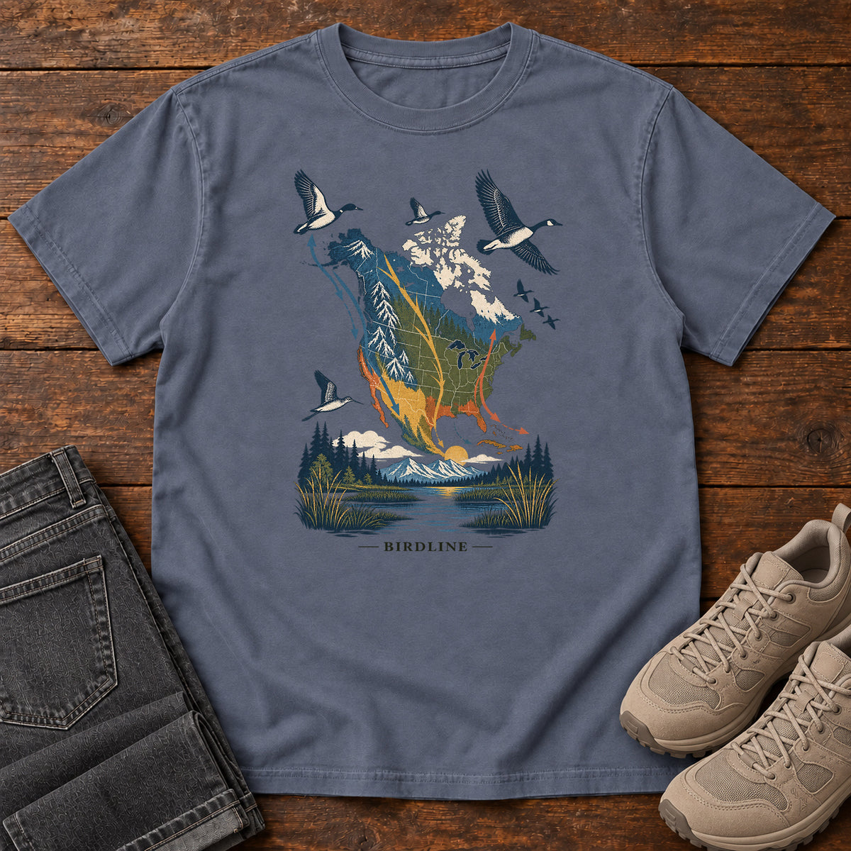 Bird Migration Map North America T-Shirt in Denim