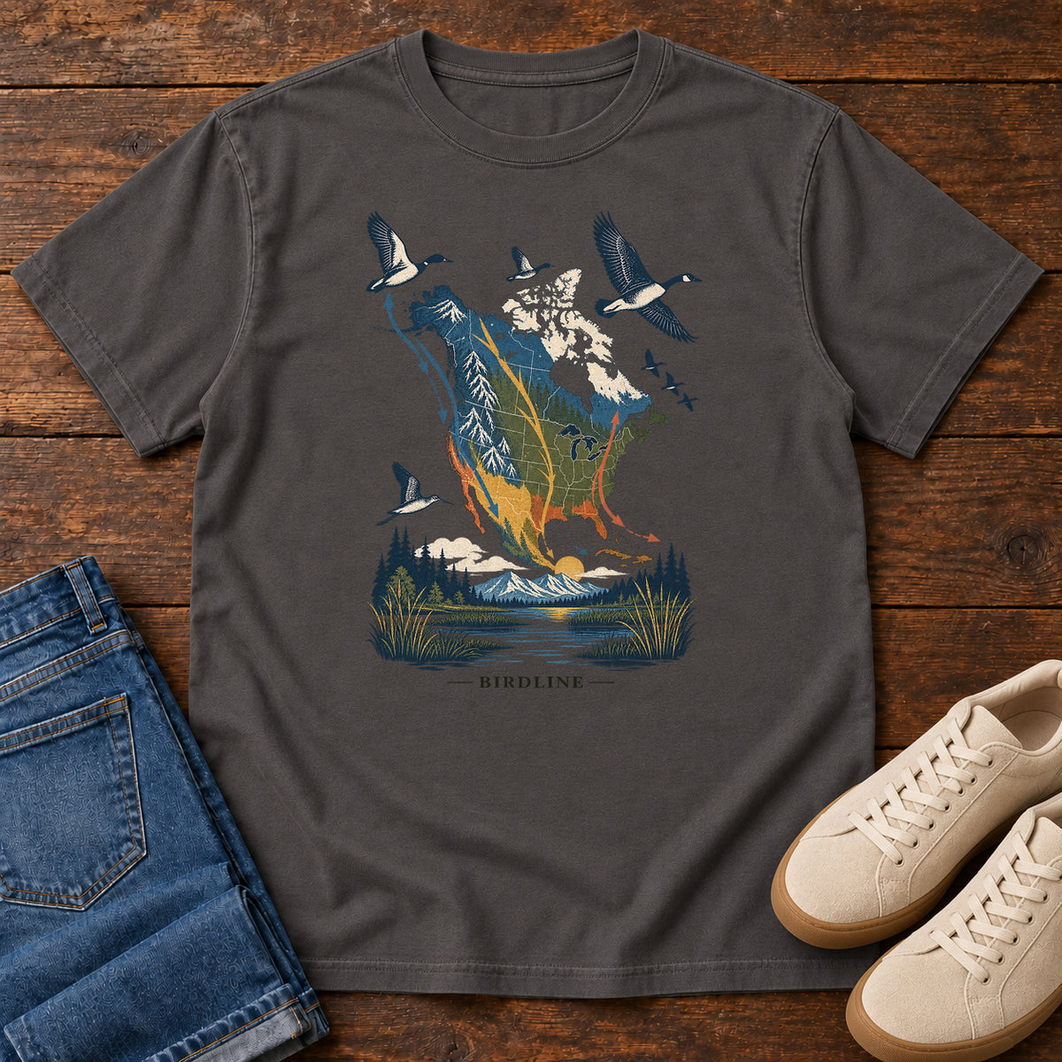 Bird Migration Map North America T-Shirt in Graphite