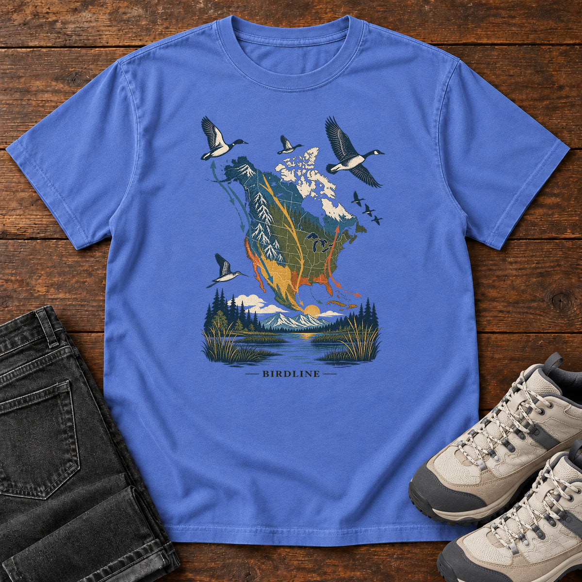 Bird Migration Map North America T-Shirt in Mystic Blue
