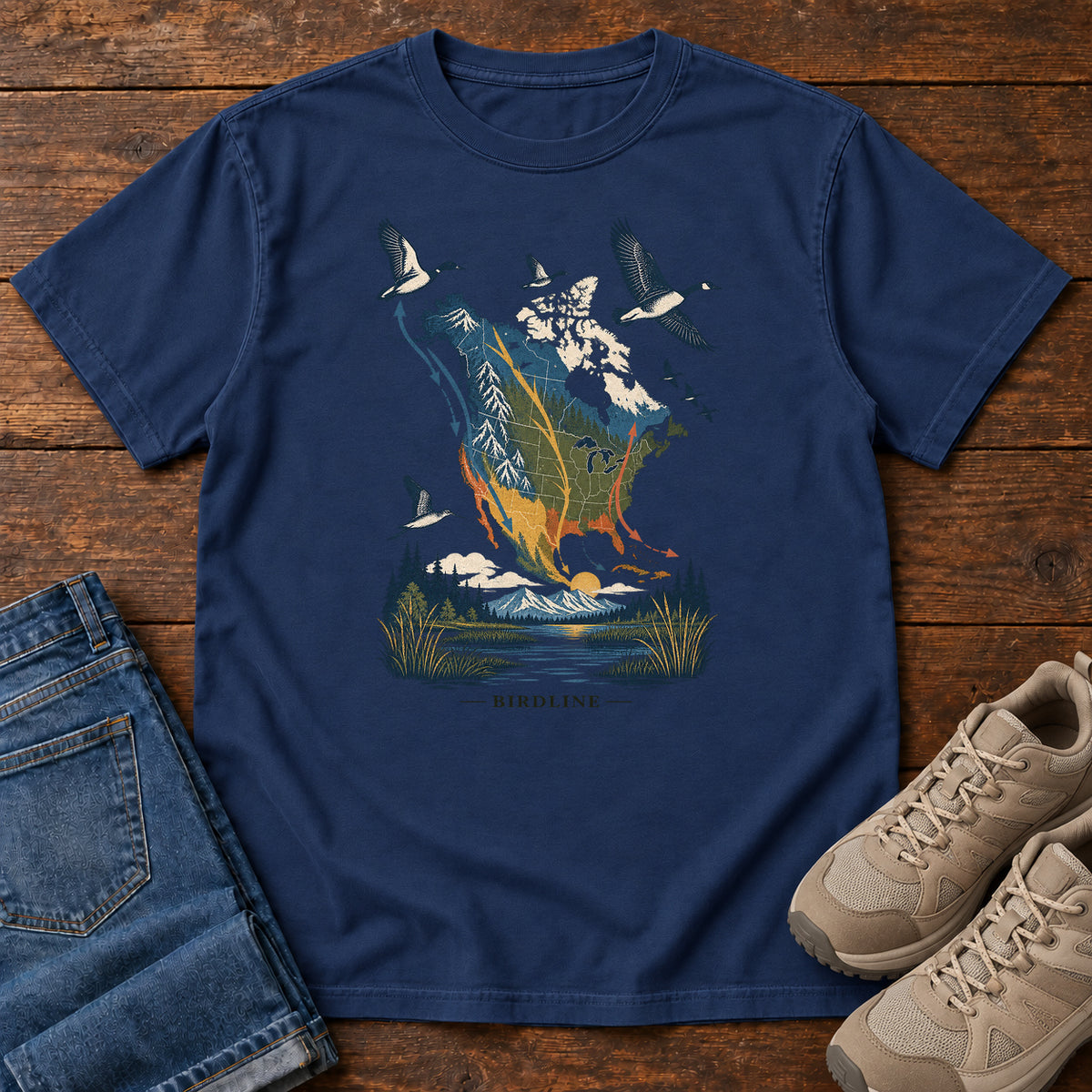 Bird Migration Map North America T-Shirt in True Navy