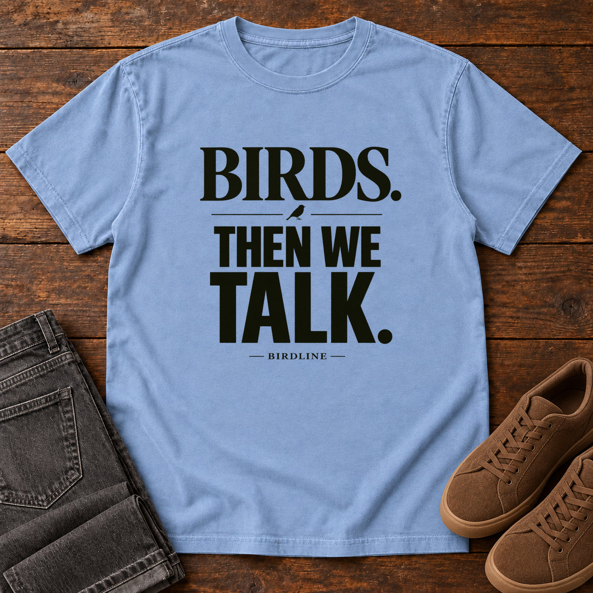 Birds Then We Talk T-Shirt in Washed Denim