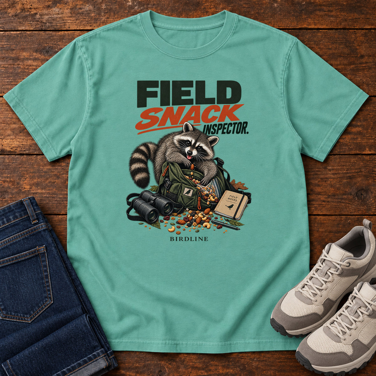 Field Snack Inspector Raccoon T-Shirt in Seafoam