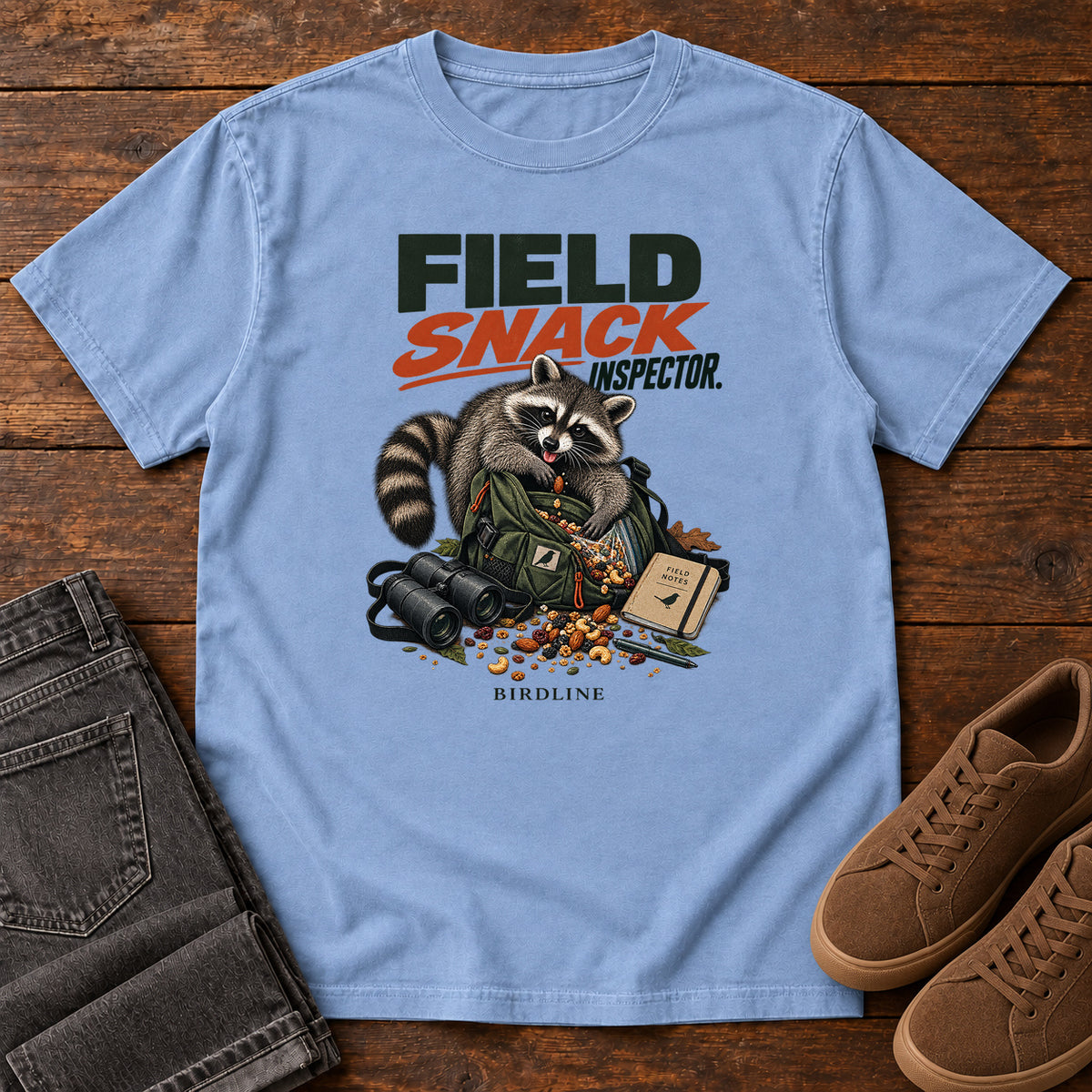 Field Snack Inspector Raccoon T-Shirt in Washed Denim