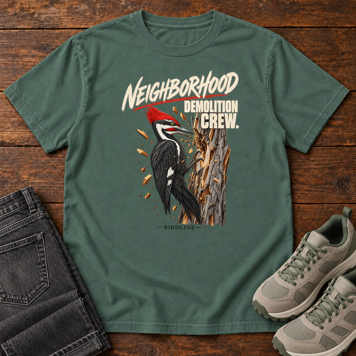 Neighborhood Demolition Crew Pileated Woodpecker T-Shirt in Blue Spruce