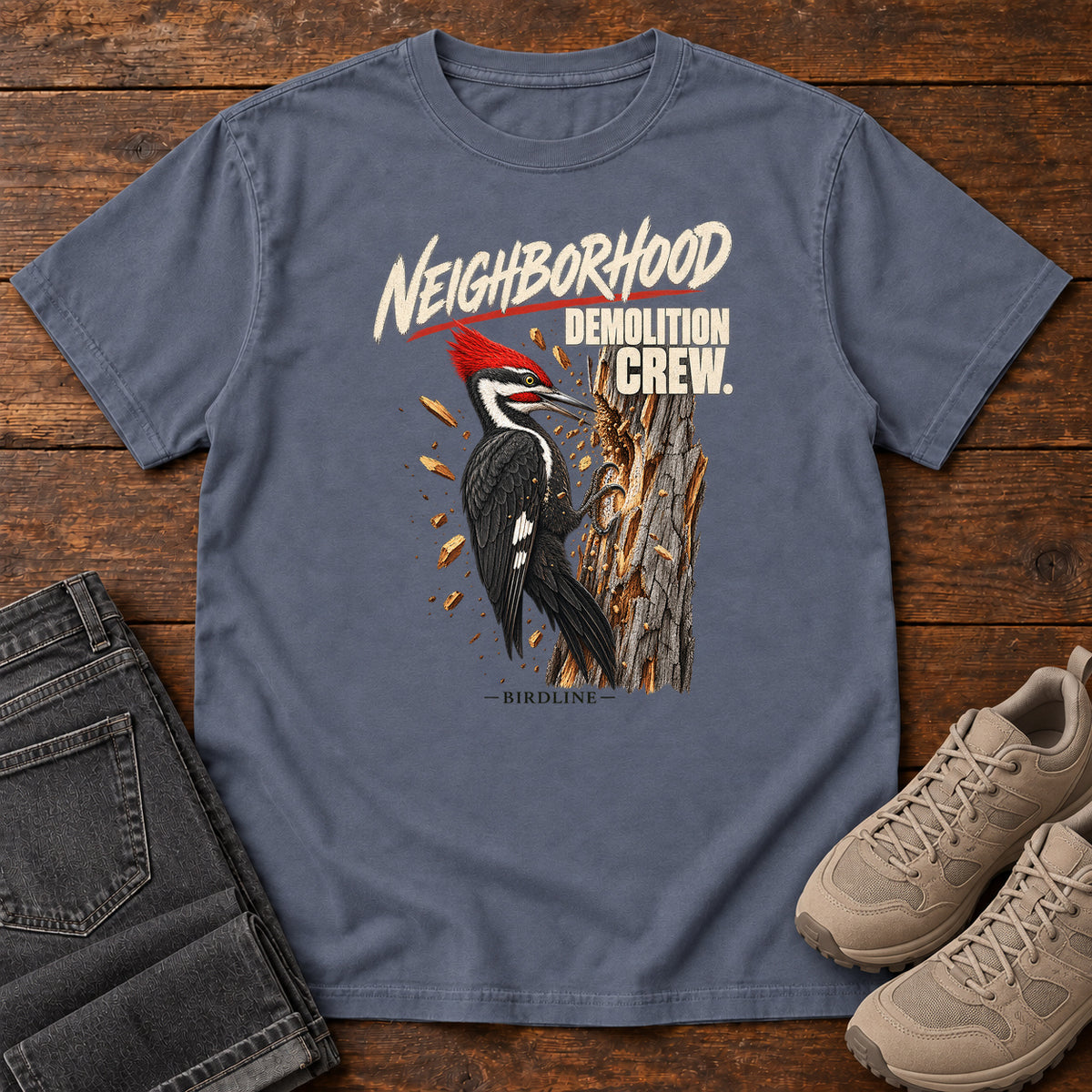 Neighborhood Demolition Crew Pileated Woodpecker T-Shirt in Denim