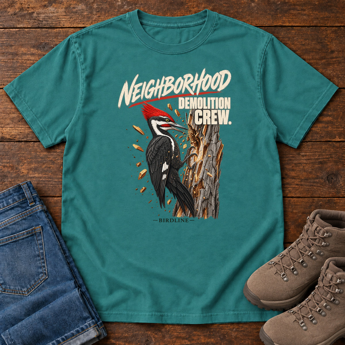 Neighborhood Demolition Crew Pileated Woodpecker T-Shirt in Emerald