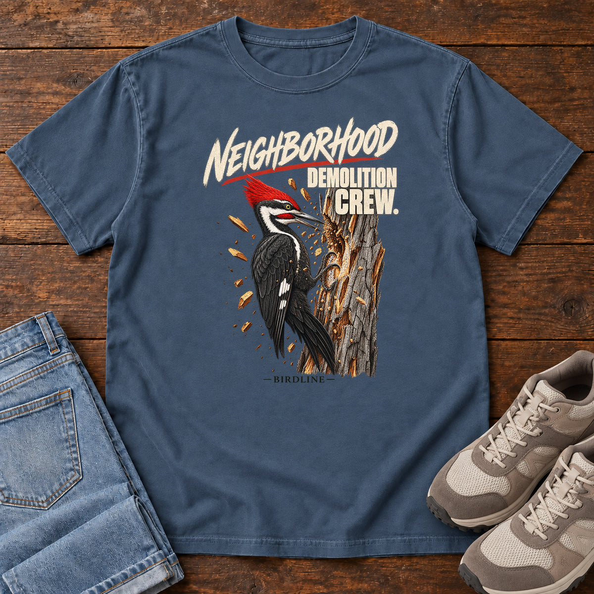 Neighborhood Demolition Crew Pileated Woodpecker T-Shirt in Midnight