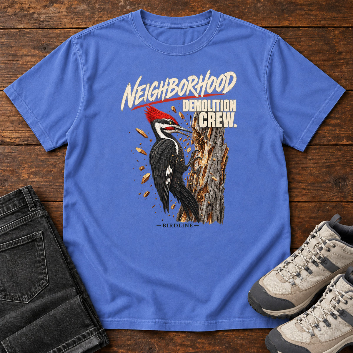 Neighborhood Demolition Crew Pileated Woodpecker T-Shirt in Mystic Blue