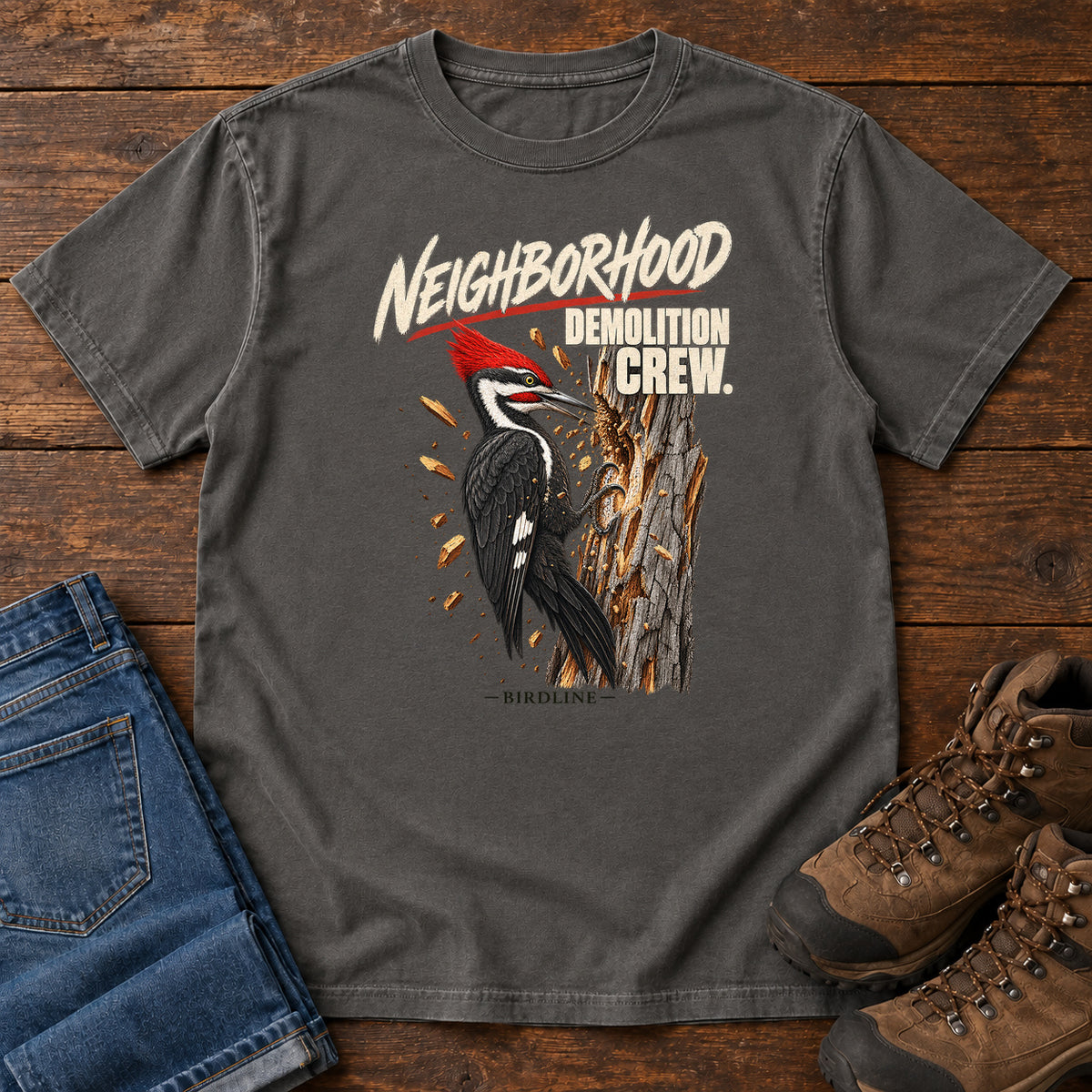 Neighborhood Demolition Crew Pileated Woodpecker T-Shirt in Pepper