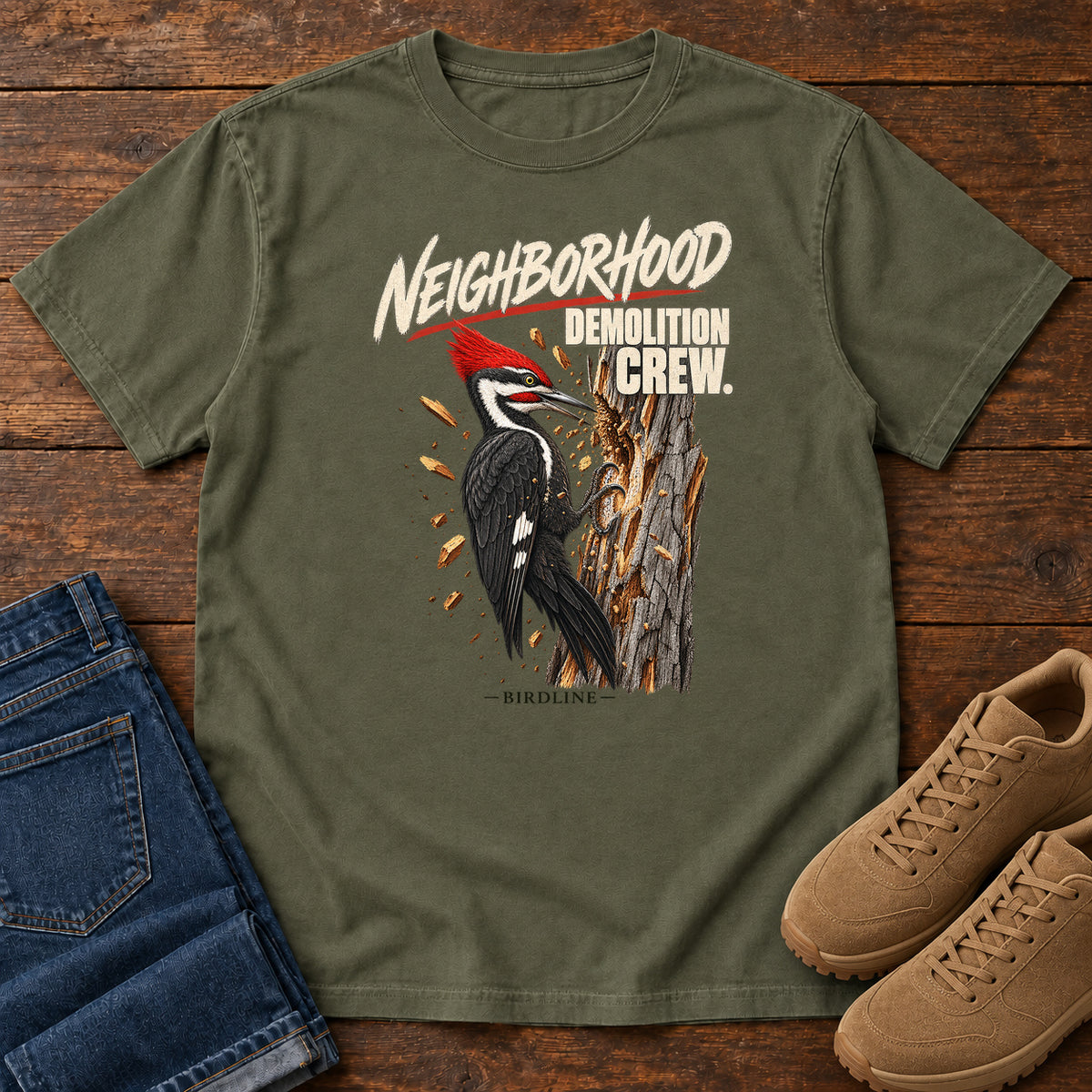 Neighborhood Demolition Crew Pileated Woodpecker T-Shirt in Sage