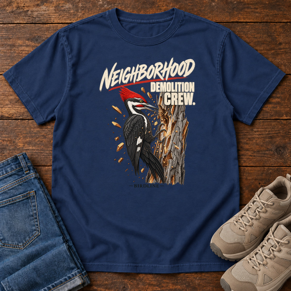 Neighborhood Demolition Crew Pileated Woodpecker T-Shirt in True Navy