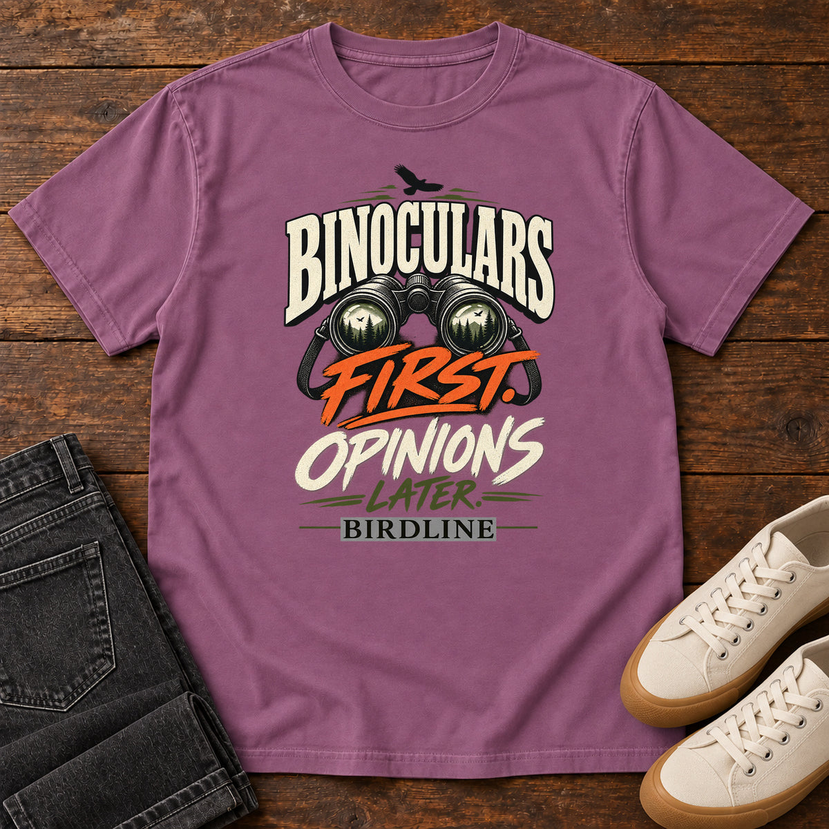 Binoculars First Opinions Later T-Shirt in Berry