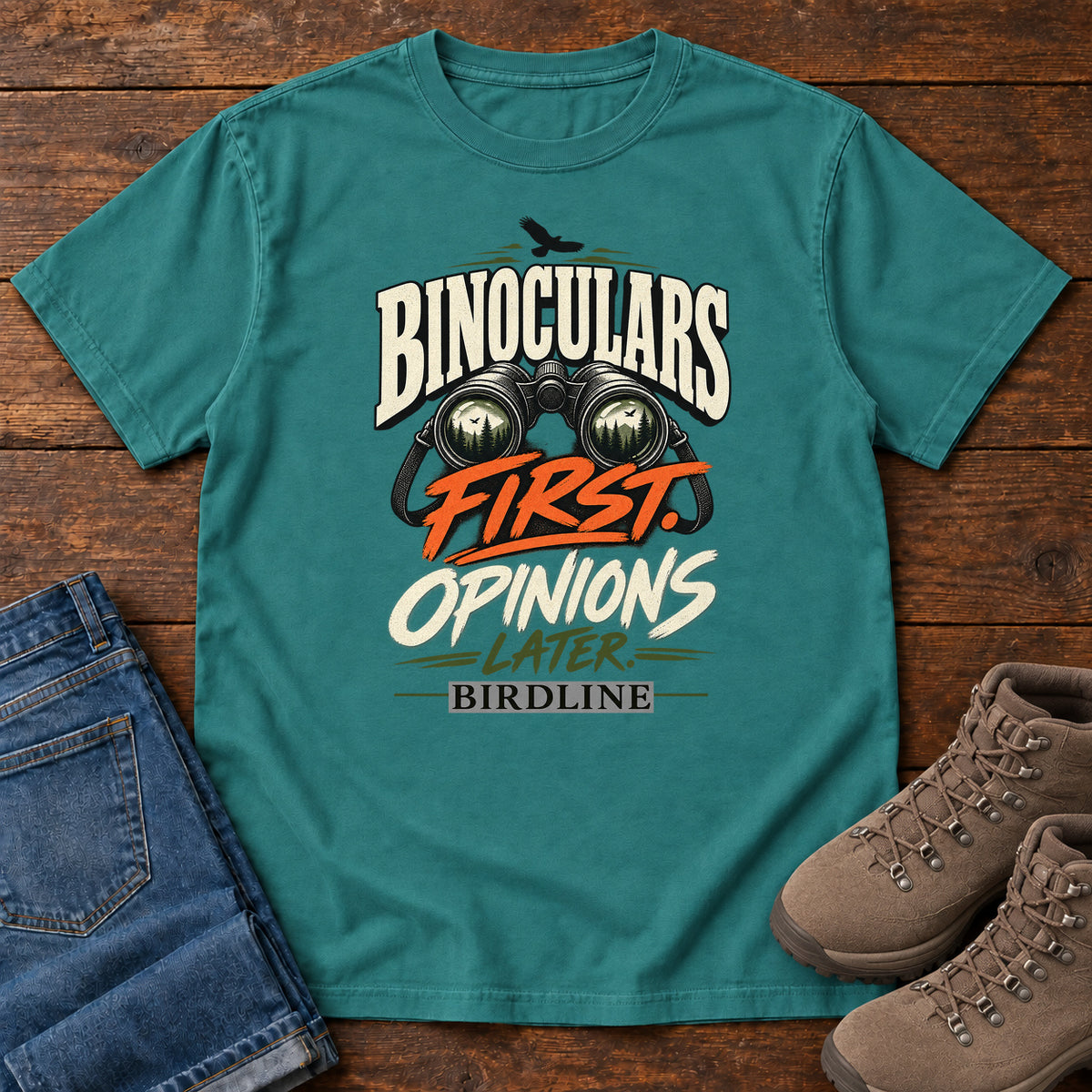 Binoculars First Opinions Later T-Shirt in Emerald