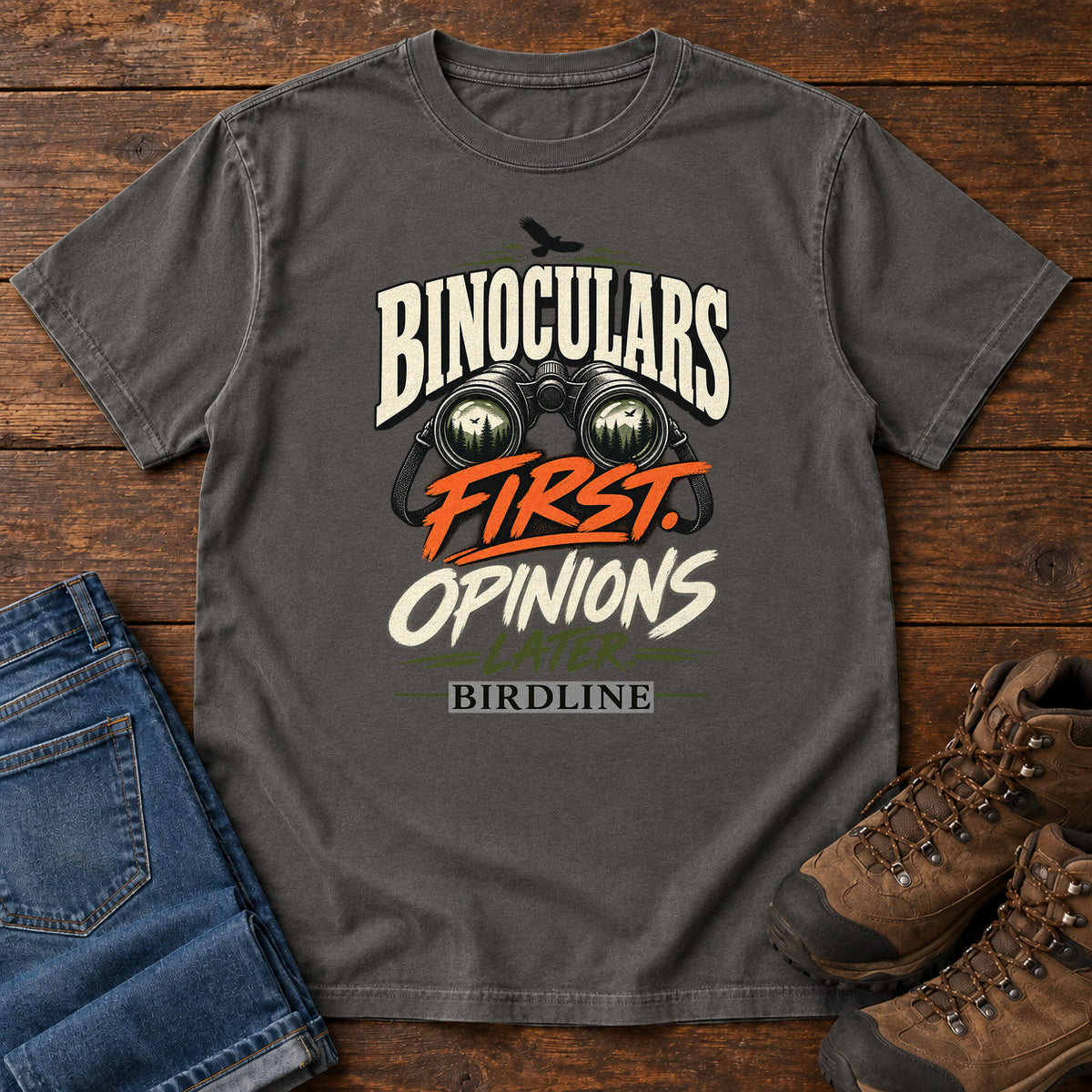Binoculars First Opinions Later T-Shirt in Pepper