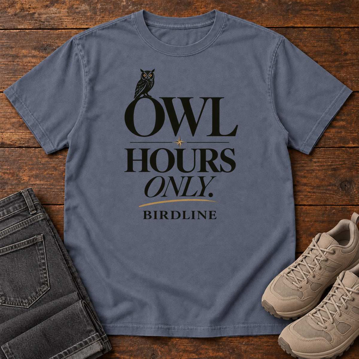 Owl Hours Only T-Shirt in Denim