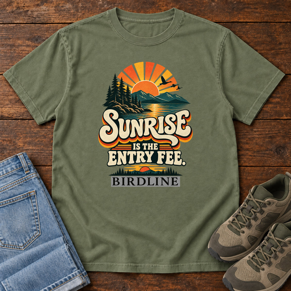Sunrise Is the Entry Fee T-Shirt in Moss