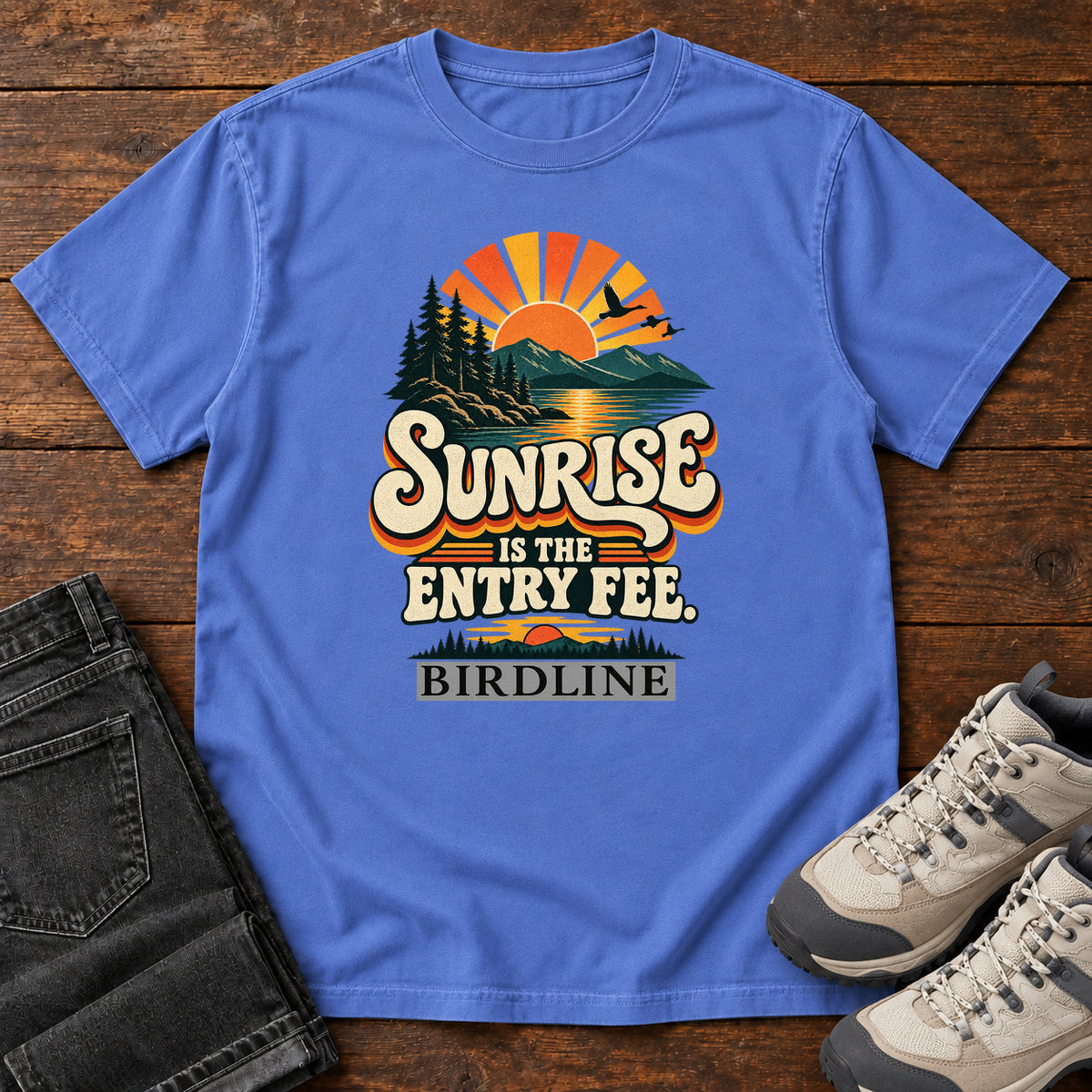 Sunrise Is the Entry Fee T-Shirt in Mystic Blue