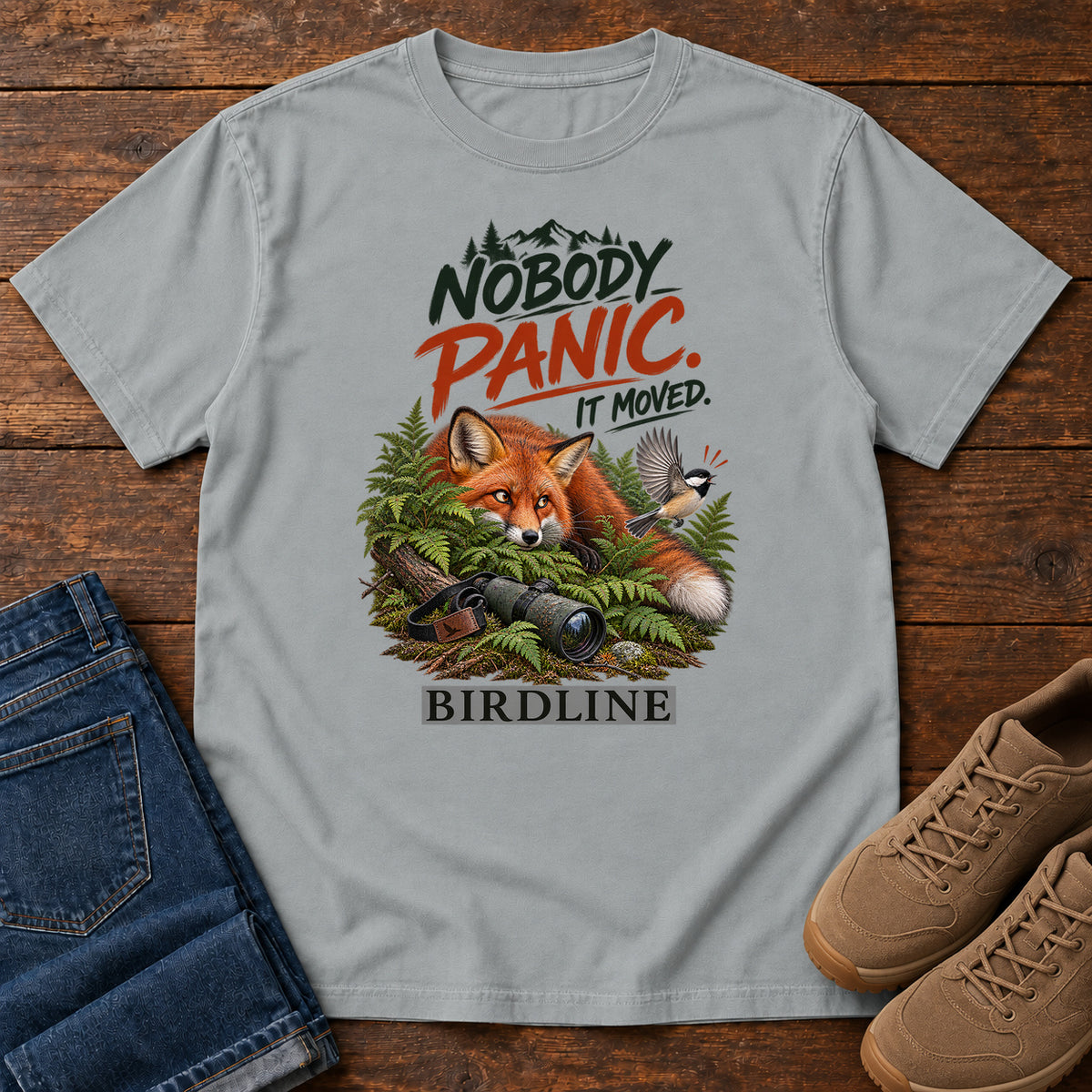 Nobody Panic It Moved Fox T-Shirt in Granite