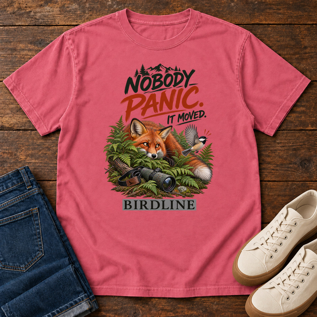 Nobody Panic It Moved Fox T-Shirt in Watermelon