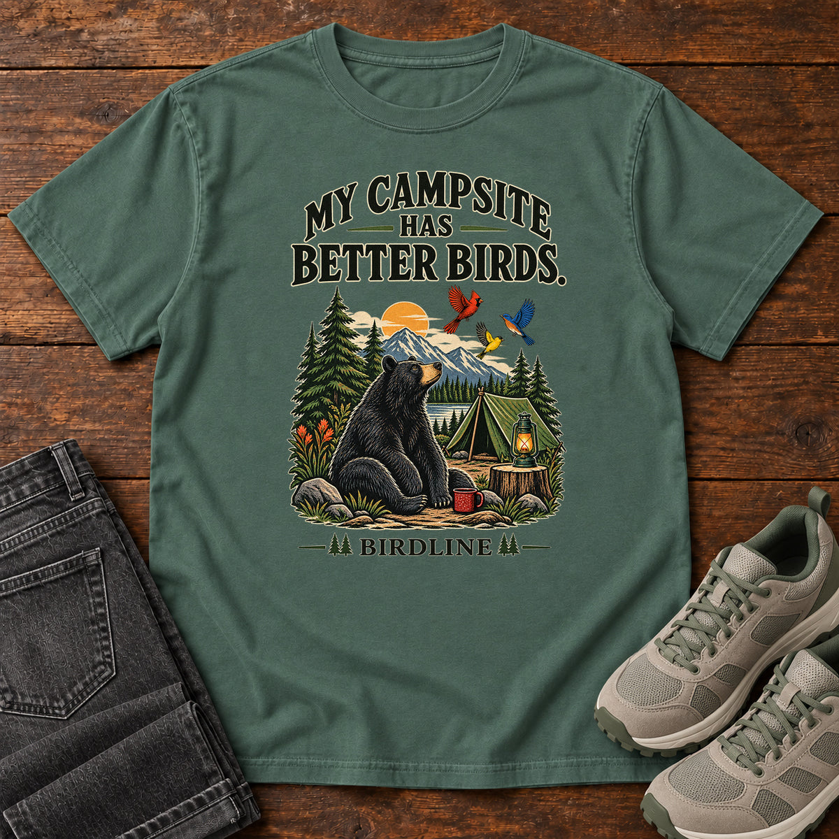 My Campsite Has Better Birds Bear T-Shirt in Blue Spruce